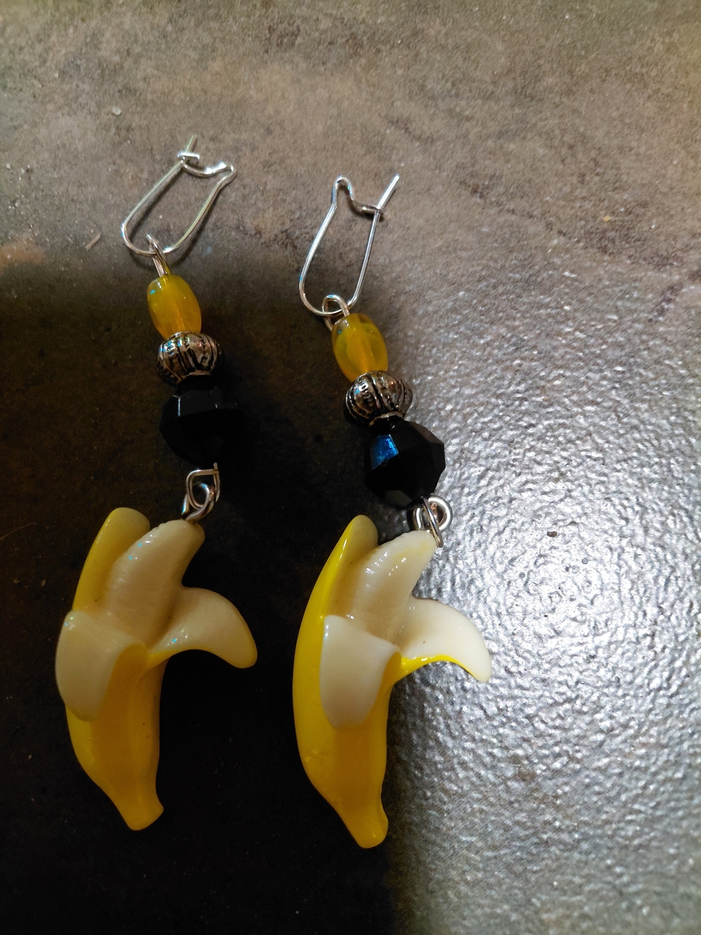 Yellow Banana Dangle Earrings with Black Bead Accents - Women Jewelry